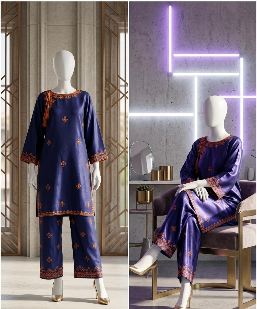 Navy Linen Embroidered 2 Piece Set