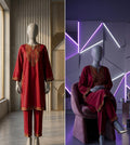 Maroon Linen Embroidered 2 Piece Shirt & Trouser Set