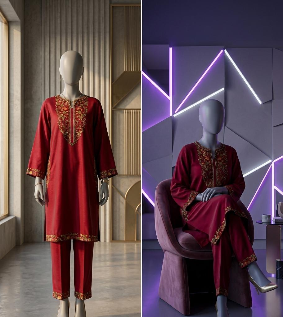 Maroon Linen Embroidered 2 Piece Shirt & Trouser Set
